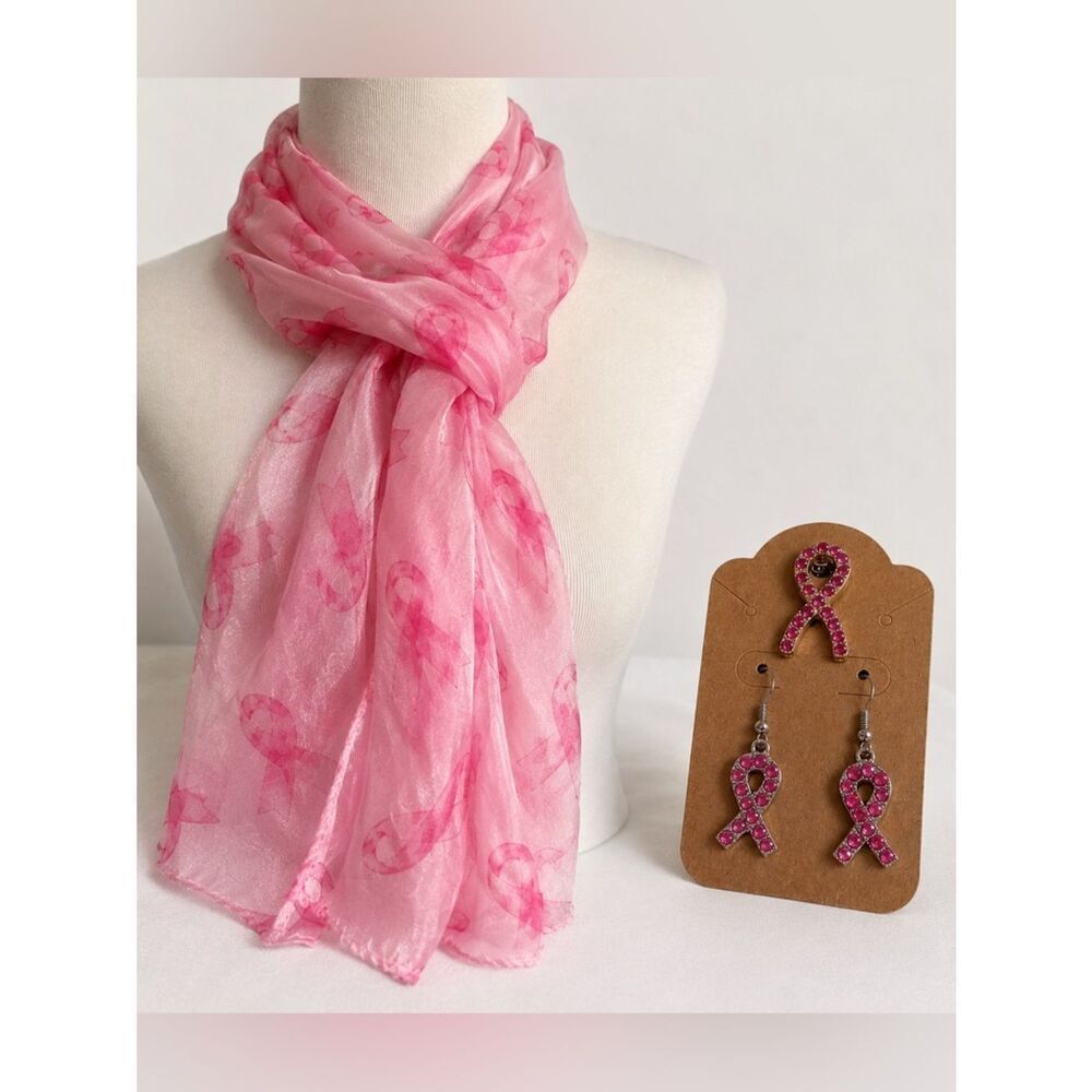 Pink Ribbon Breast Cancer Awareness Scarf  Rhinestone Earrings Jewelry Set NWT